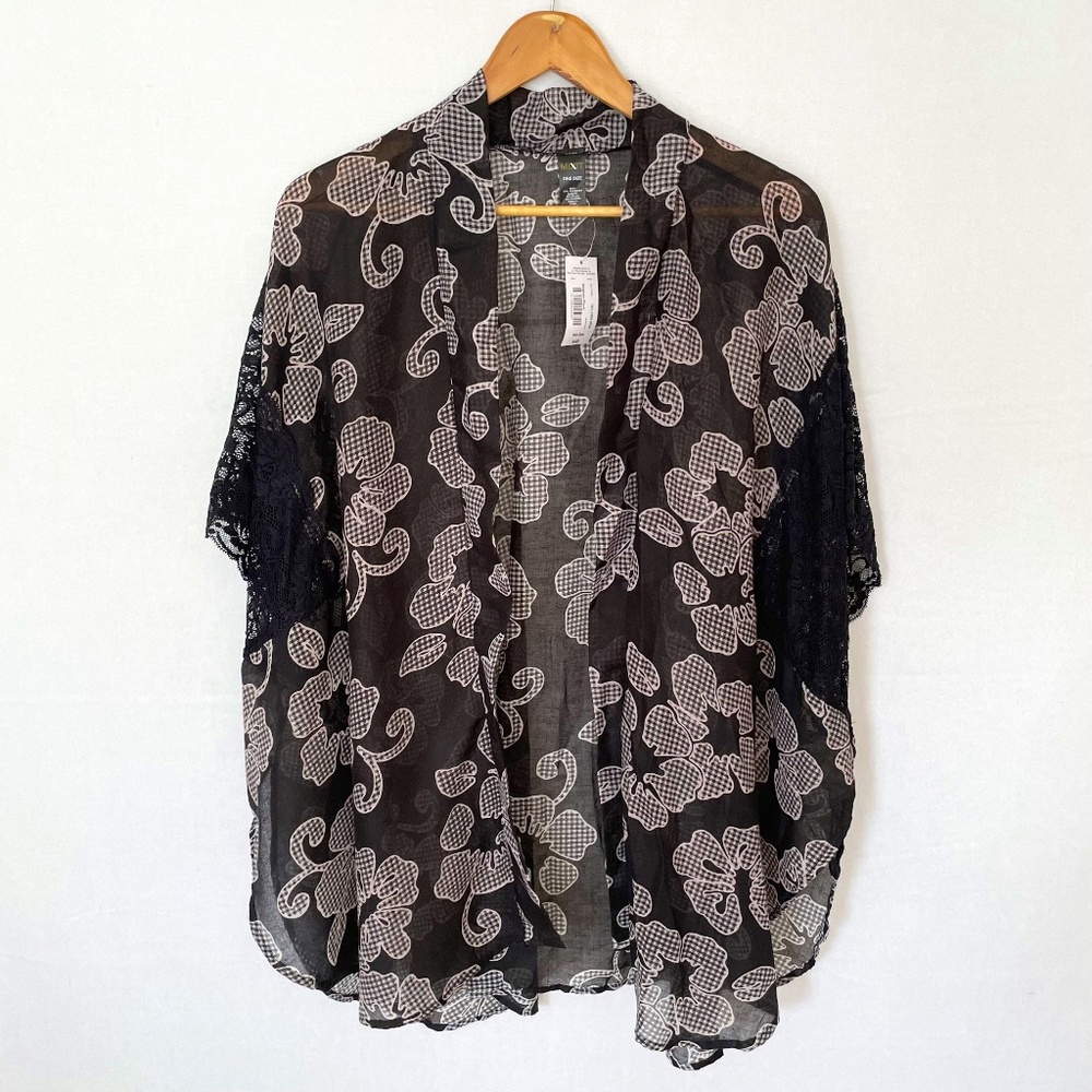 MIXIT Women's One Size Kimono Gingham Floral Lace Sleeve Brown White NEW